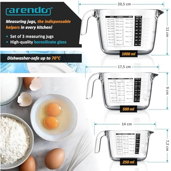 Arendo Set of Glass Measuring jugs, 250ml, 500ml, 1000ml (0.2l 0.5l 1l), Glass Measuring Cup, Transparent Borosilicate - Measuring jug, Accurate Scales, Microwave Safe