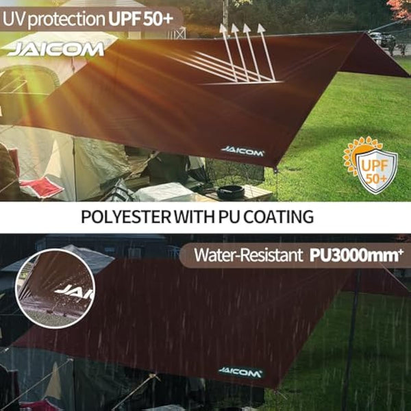 JAICOM Camping Tarp, 3x5m Waterproof PU3000mm, Anti-UV, Brown, Versatile with 11 Webbing Straps, Ideal for Camping, Picnic, Beach
