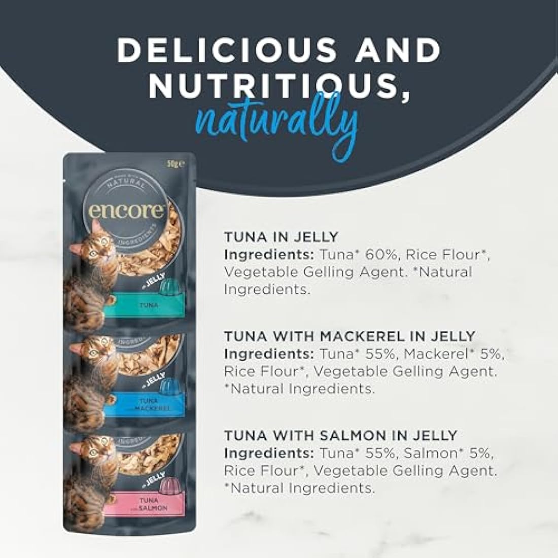 Encore Natural Wet Cat Food, Multipack Tuna with Fish Selection in Jelly 5 x 50g Pouch, Pack of 4 (Packing May Vary)