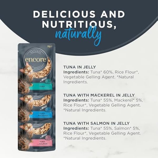 Encore Natural Wet Cat Food, Multipack Tuna with Fish Selection in Jelly 5 x 50g Pouch, Pack of 4 (Packing May Vary)