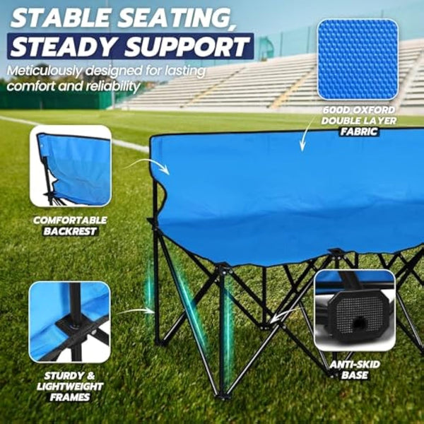 Flexzion Portable Folding Bench Seat, 6 Seater, Collapsible Soccer Bench, Portable Bench Seats for Bleachers, Camping, Sideline, with Back Rest and Carrying Bag, Blue