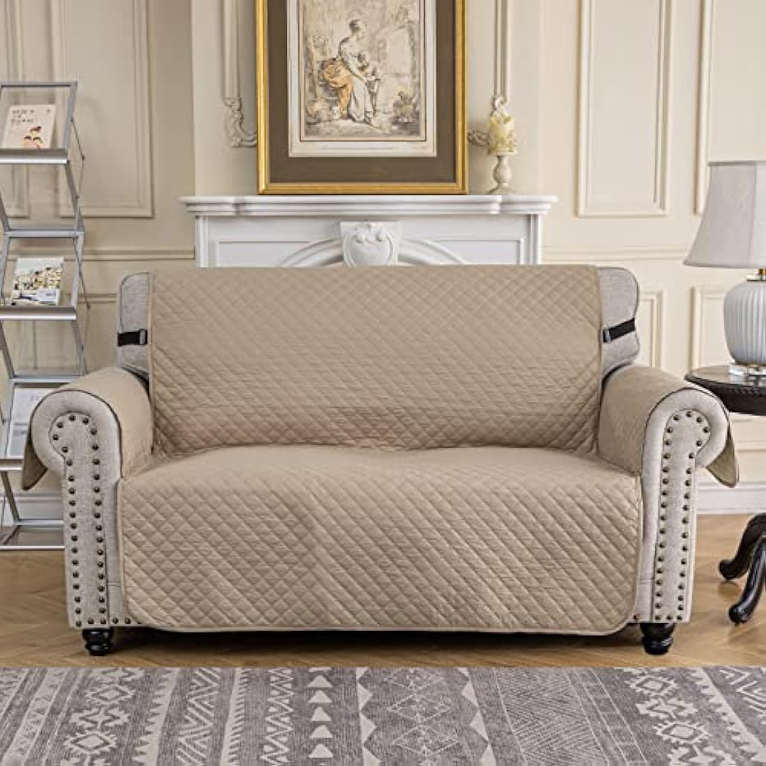 XINEAG Quilted Sofa Covers 2 Seater, Water Resistant Loveseat Covers Sofa Slipcovers with Pockets, Non Slip Sofa Cover for Dogs Pets, Washable Furniture Protector with Elastic Strap (Loveseat, Khaki)