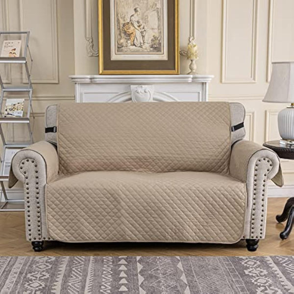 XINEAG Quilted Sofa Covers 2 Seater, Water Resistant Loveseat Covers Sofa Slipcovers with Pockets, Non Slip Sofa Cover for Dogs Pets, Washable Furniture Protector with Elastic Strap (Loveseat, Khaki)