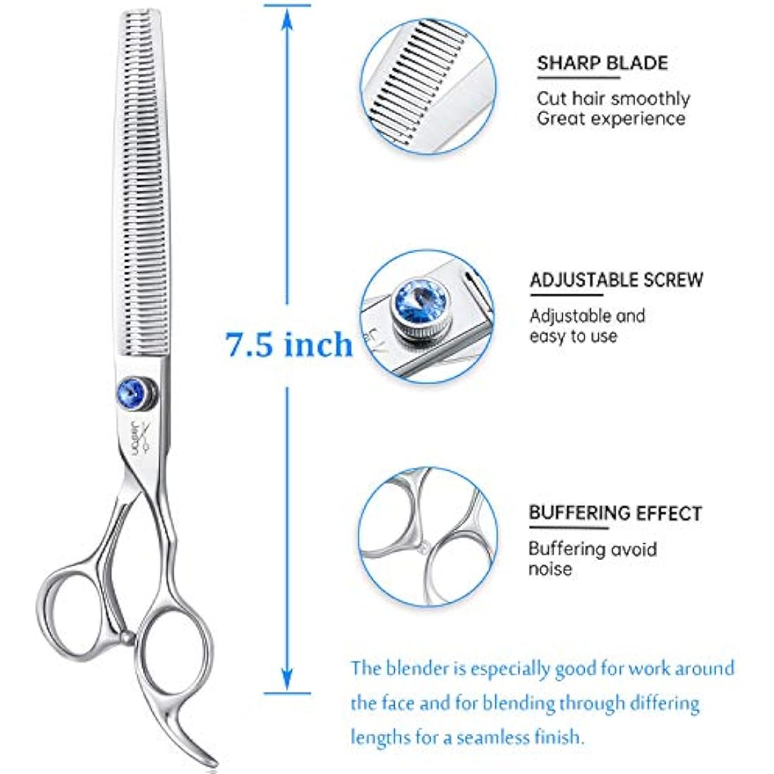 JASON 7.5" 56 Teeth Blending Dogs Grooming Scissors Cats Thinning Shears Pets Blender Thinner Trimming Texturizing Kit with Offset Handle Blue Jewelled Screw