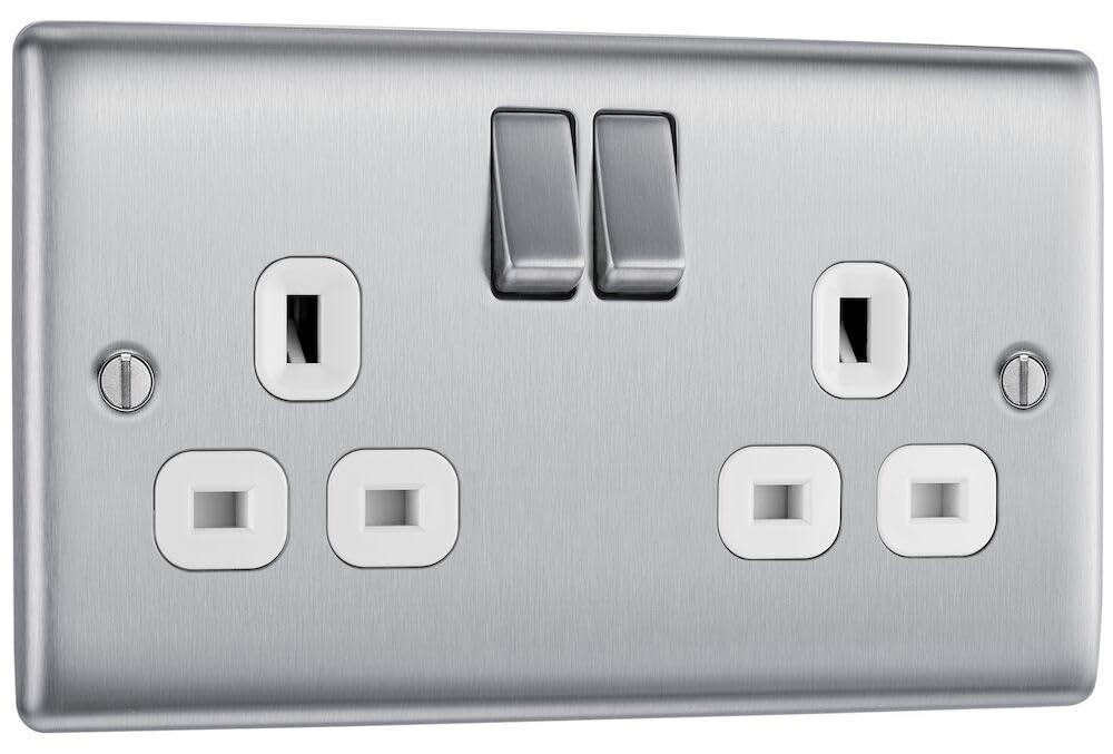 BG Electrical Cooker Switch with Socket and LED, Cooker Control Unit, Control Socket, Double Pole, Raised Profile, Round Edges, Nexus Metal, Brushed Steel, Grey Inserts, 45A, NBS70G
