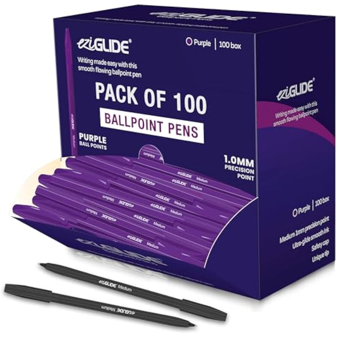 Eziglide 100-Pack Ballpoint Pen Set, Purple – Medium Point Nib (1.0mm) for Smooth Writing & Easy Grip – Multipack Purple Biro, Ideal for School, Home, Work, Exams & Stationery Use