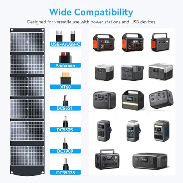 Ecosonique 100W Portable Foldable Solar Panels Charger Fast Charging with USB-C PD3.0 USB-A QC3.0 DC 20V Lightweight with Kickstand for Camping Power Station Solar Generators Cell Phones Power Banks