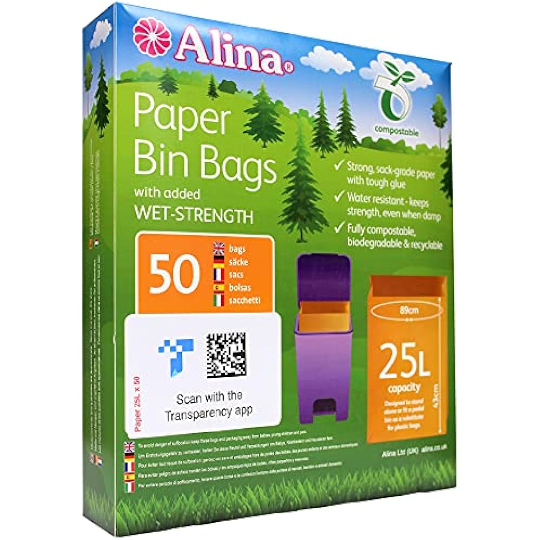 Alina 50 x 25L Compostable Paper Pedal Bin Bag/Food Box Liner/Biodegradable Brown 25 Litre Paper Sack (50 bags)