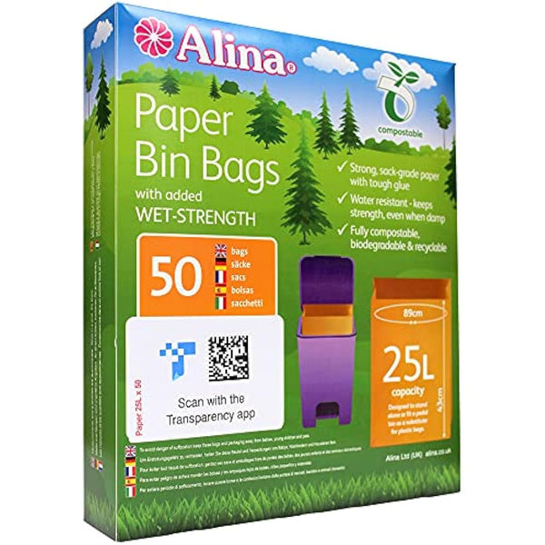 Alina 50 x 25L Compostable Paper Pedal Bin Bag/Food Box Liner/Biodegradable Brown 25 Litre Paper Sack (50 bags)