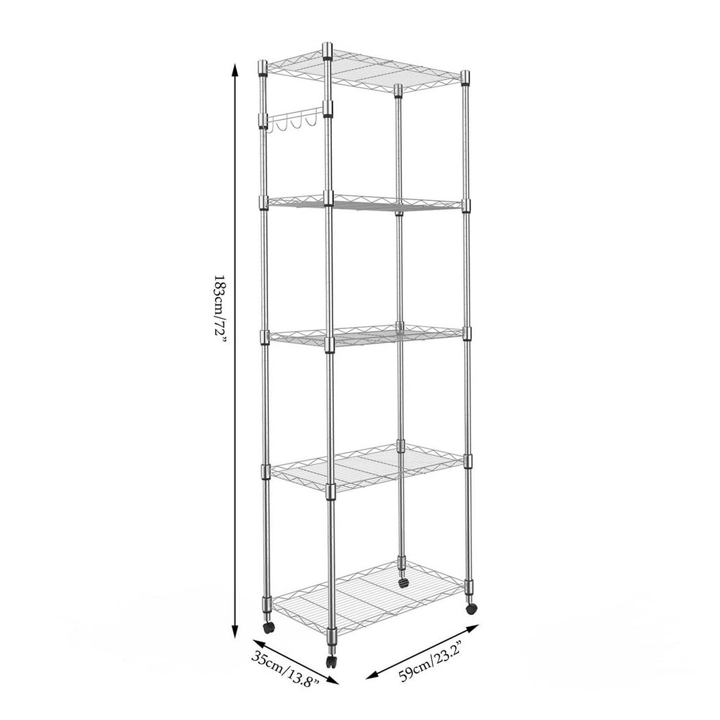 5 Tier Wire Shelving Units on Wheels, Height Adjustable Wire Rack Shelving, Storage Shelves with Casters for Bathroom, Kitchen, Pantry, 59x35x183 cm,