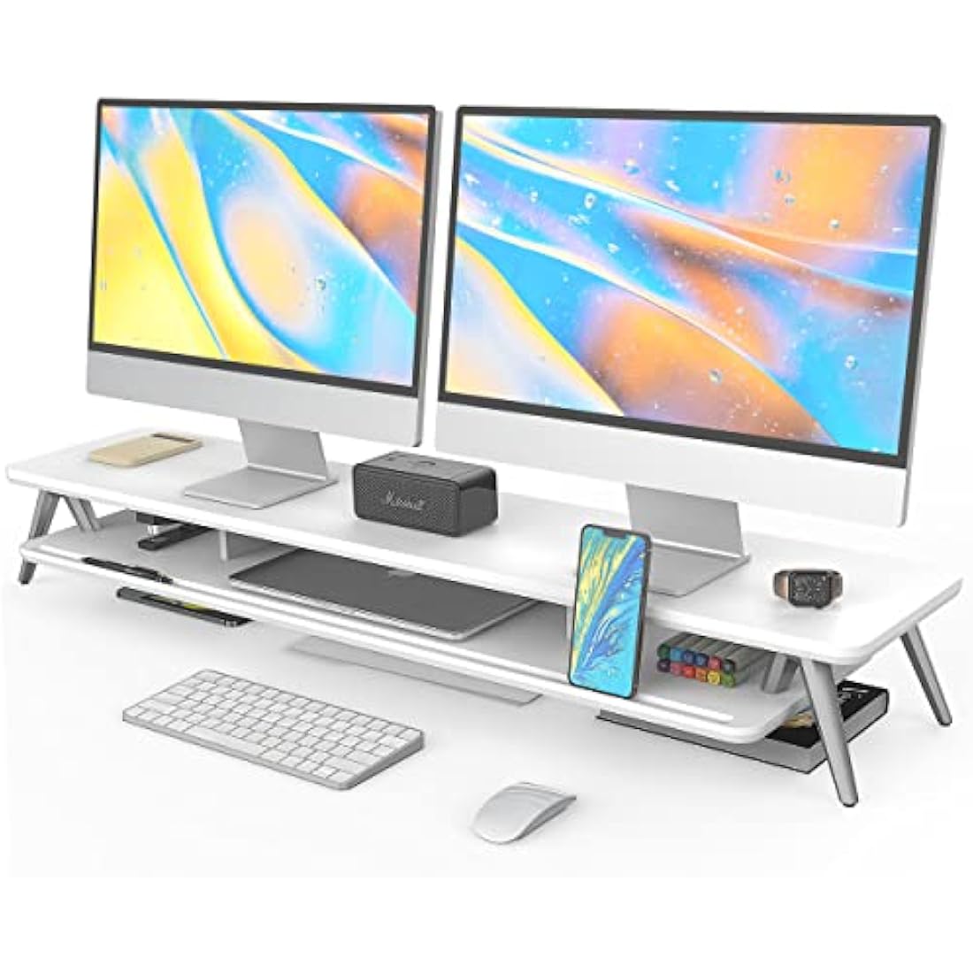 Fenge Monitor Stand Riser for 2 Monitors 108cm Large Compute Monitor Stands with Phone/Tablet Holder Slot,Desk Organizer Max Load 50KG (White)