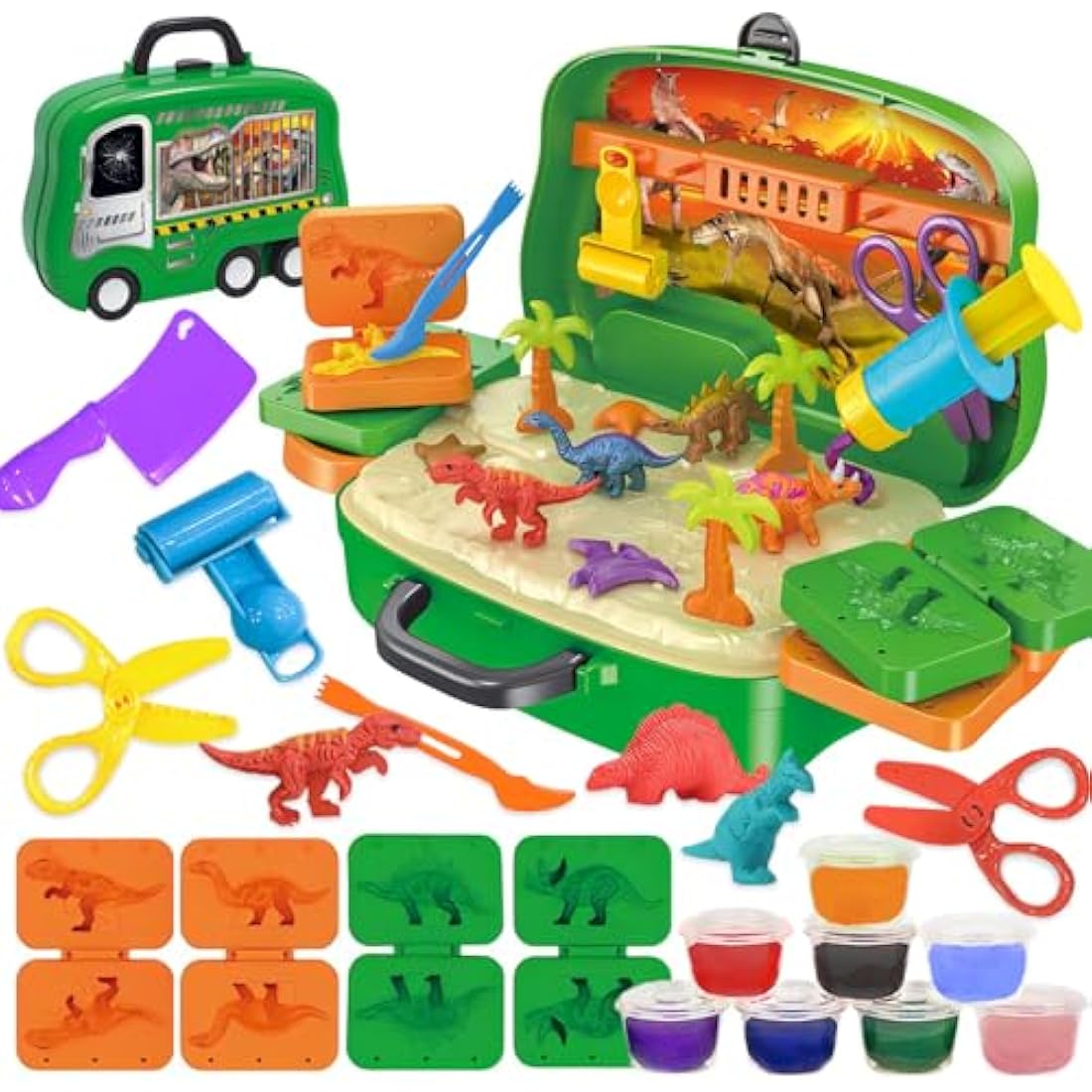 Crelloci Dinosaur Color Dough Set Tools Dino World 26 PCS Playsets Toy Clay Accessaries Dough and Moulds in a Portable Case with Wheels for Kids Toddlers 3 4 5 Years Old