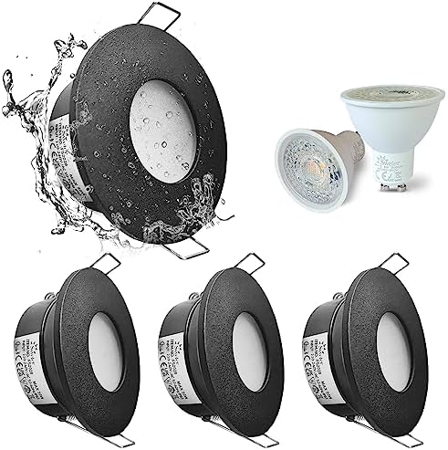 Sweier Waterproof Downlight Black,IP65 Recessed Ceiling Light Warm White 3000K,5W GU10 Downlights for Bathroom Ceiling,430Lumen LED Bathroom Spotlight,Cutout 68mm/2.68in,4 Pack