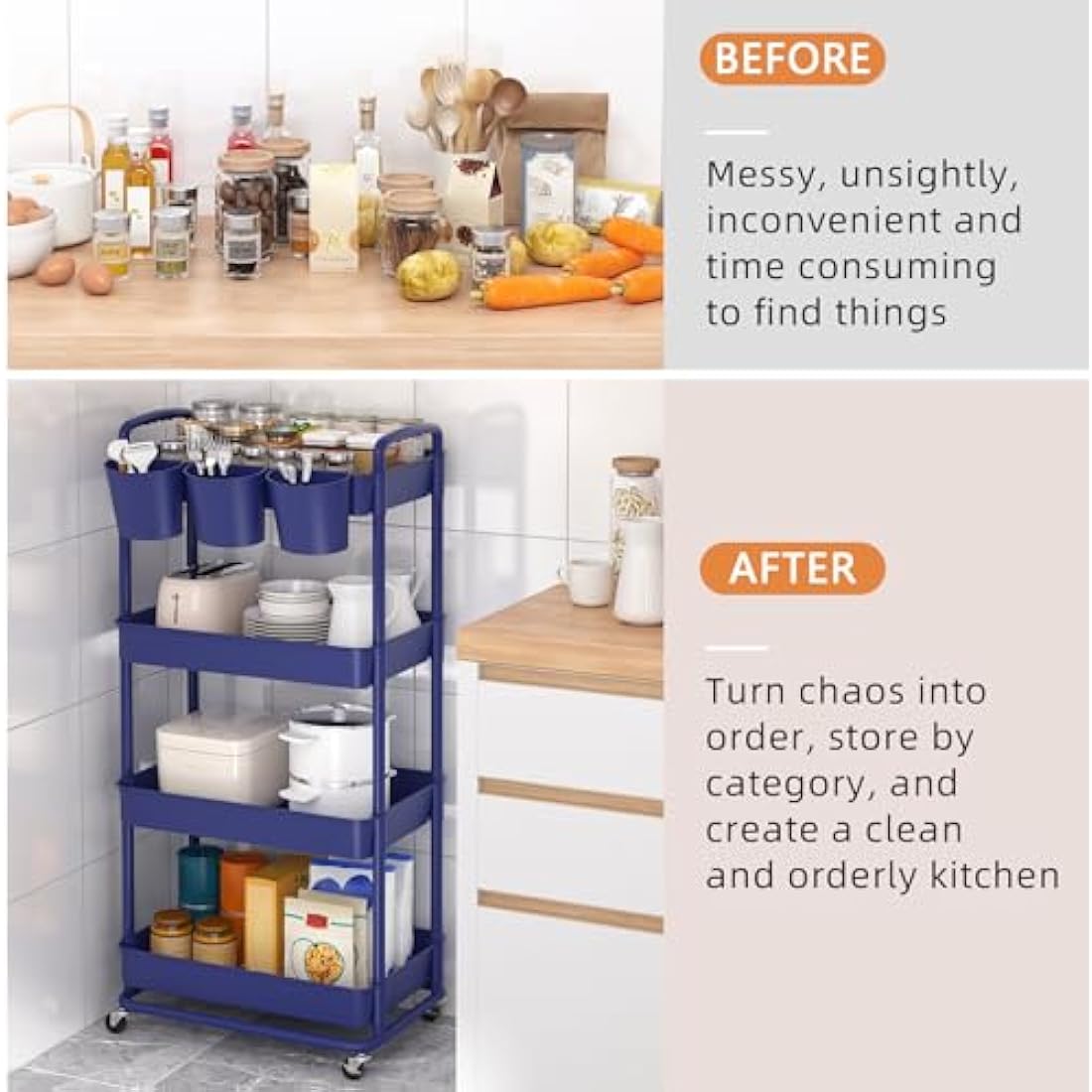 JIUYOTREE 4-Tier Plastic Rolling Storage Cart Utility Cart with Extra Hanging Cups Handles Lockable Wheels for Living Room Bathroom Kitchen Office Blue