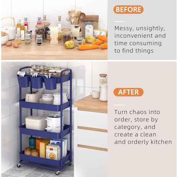 JIUYOTREE 4-Tier Plastic Rolling Storage Cart Utility Cart with Extra Hanging Cups Handles Lockable Wheels for Living Room Bathroom Kitchen Office Blue