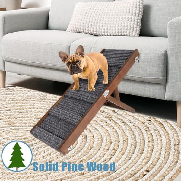 Umtiti Brown Wooden Framed Folding Portable Pet Ramp. 4 Levels Adjustable 9" to 17.3" with Non-Slip 5 Paw Traction Mat for Small Medium Doggie. Dog Ramps-80penBN,UK