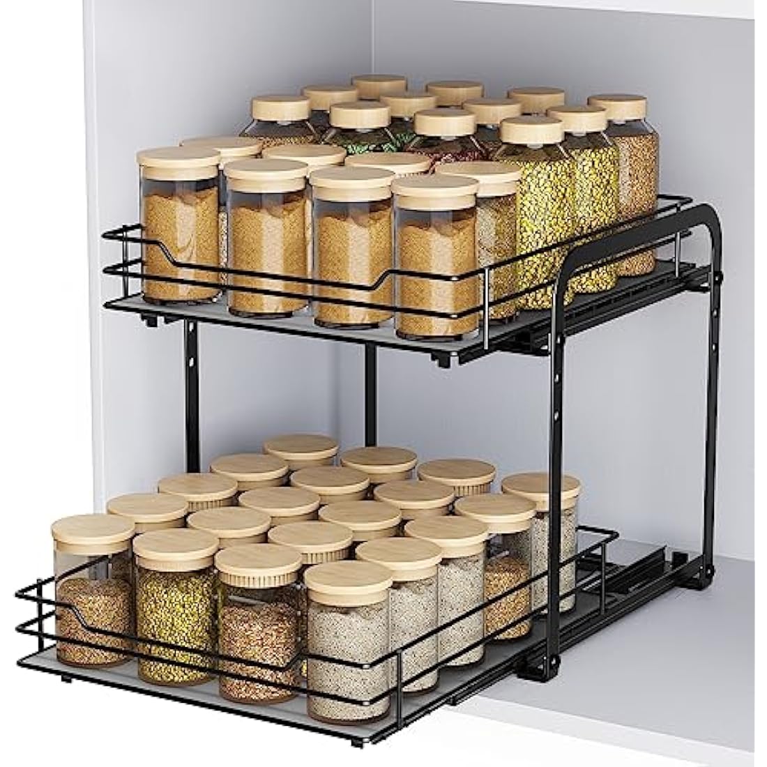 AIRUJIA Pull Out Cabinet Organizer - Height Adjustable 2-Tier Spice Rack, Heavy Duty Metal, Kitchen Storage Shelf - L10.4*W9*H9inch