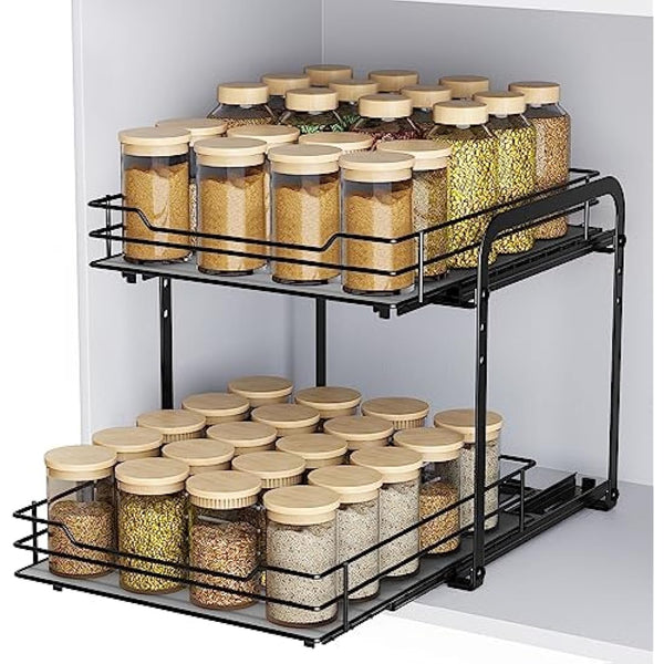 AIRUJIA Pull Out Cabinet Organizer - Height Adjustable 2-Tier Spice Rack, Heavy Duty Metal, Kitchen Storage Shelf - L10.4*W9*H9inch
