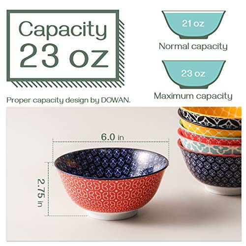 DOWAN Cereal Bowls Set of 6, 680 ml Soup Deep Bowls for Breakfast, 15.2 cm Dessert Bowls for Oatmeal, Ice Cream, Noodles, Salad, Rice, Poke, Pho,