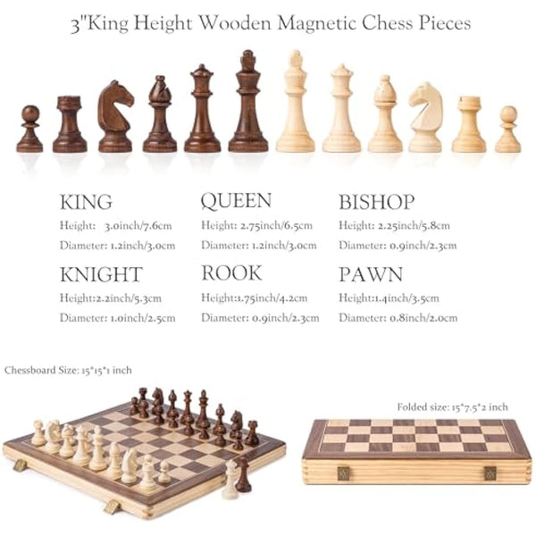 A&A 15" Magnetic Wooden Chess Set/Folding Board / 3" King Height German Knight Staunton Chess Pieces/2 Extra Queen