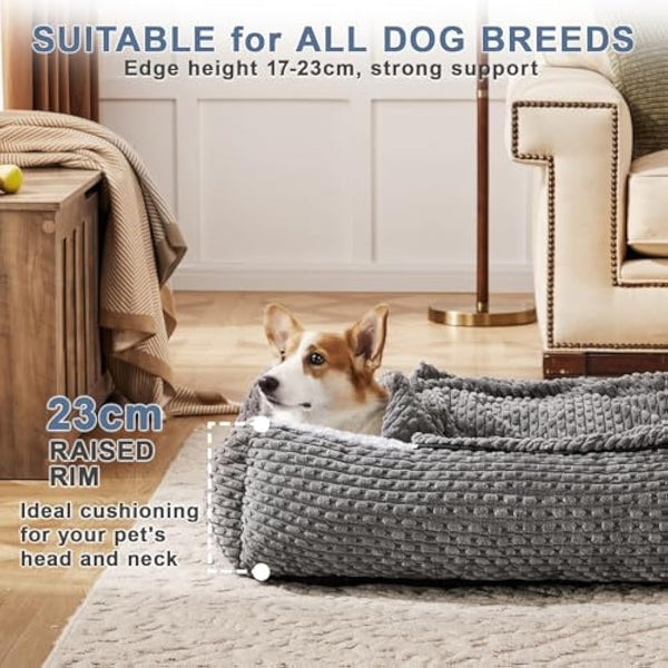 Heymamba Extra Large Dog Bed Rectangle Large Pet Beds Grey, Hooded Pet Cave Bed with Designed for Wheat Grain, Soft Rose Fluff XL Dog Cave With Nonskid Bottom for Labrador, 90x65x23cm