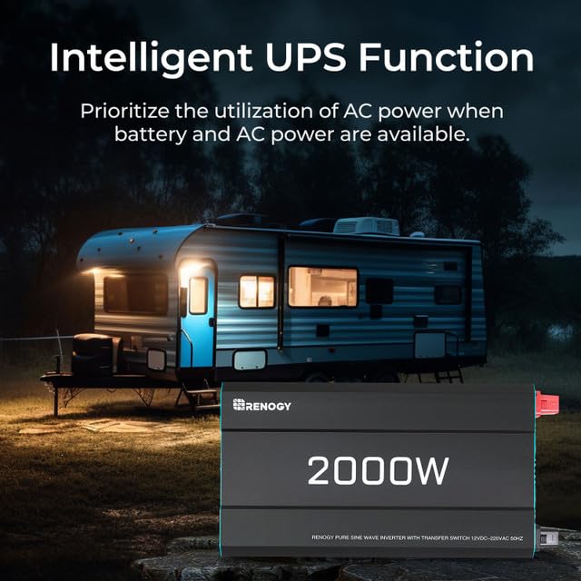 Renogy 2000W Pure Sine Wave Inverter, 4000W Peak 12V DC to 240V AC Power Converter with UK Sockets, UPS Function and Remote Controller for Off-grid, RV, Truck, Boat, Camping, and Home