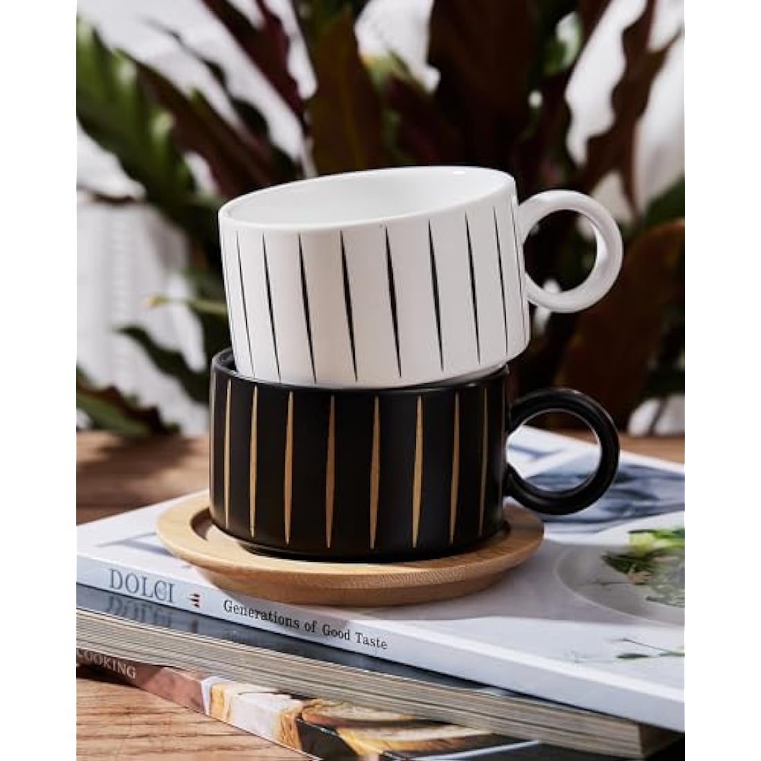 HOME DECOR Stackable Ceramic Coffee Cup, 160ml Cappuccino Mugs and Saucer with Metal Stand for Espressos, Cappuccinos and Lattes Cup, Set of 4 - Striped Collection