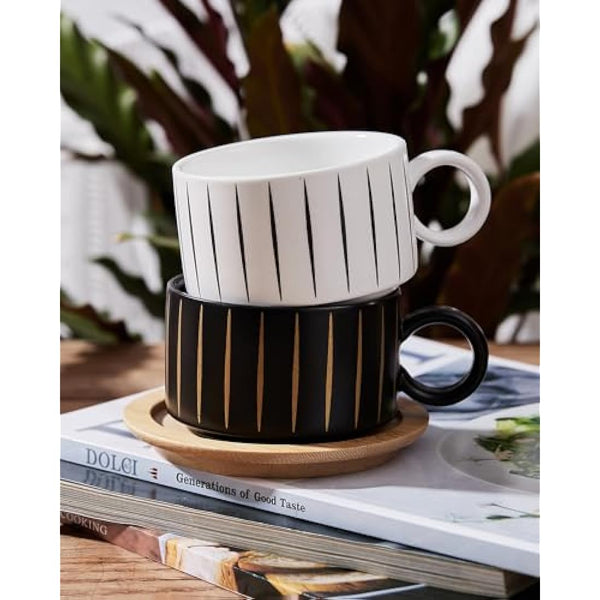 HOME DECOR Stackable Ceramic Coffee Cup, 160ml Cappuccino Mugs and Saucer with Metal Stand for Espressos, Cappuccinos and Lattes Cup, Set of 4 - Striped Collection