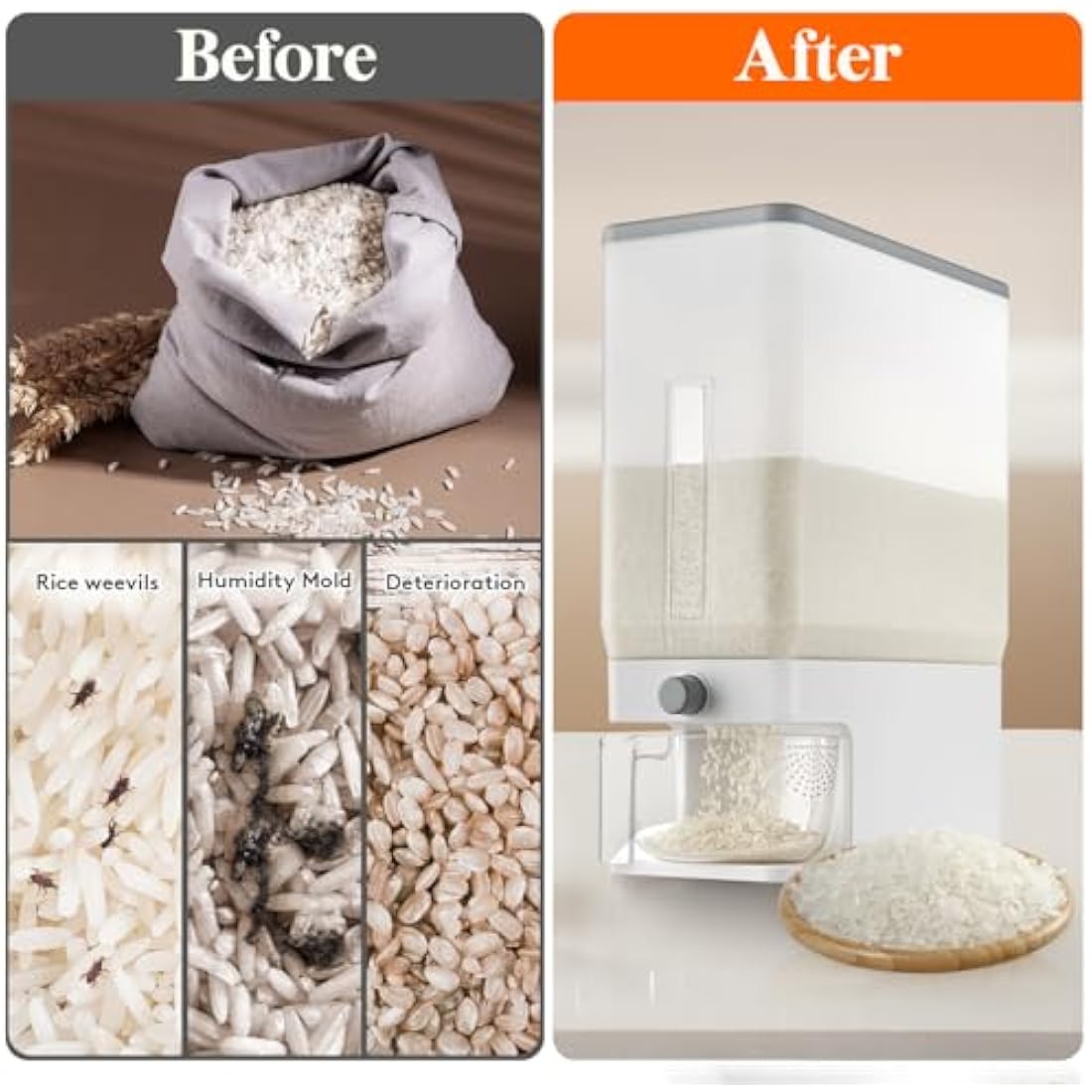 Lifewit Rice Container 25.4 Lb(11.3kg), Rice Dispenser with Visible Barrel, Rice Storage Container, Airtight Moisture Proof Rice Bucket, Grain Soybean for Kitchen Pantry Countertop Organization