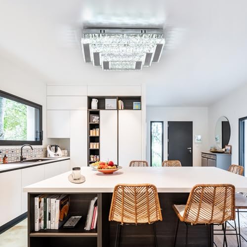 Finktonglan Square Crystal LED Ceiling Light Fixtures, 15” Modern Chandelier Ceiling Lights 3-Tiers Flush Mount Ceiling Lamp Fixture for Living Room Dining Room(6500K Cool White)