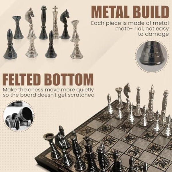 Guruji Divinity Collectible Tribal Warli Art Brass Chess Set in Leather Storage Box. (12 X 12 in)