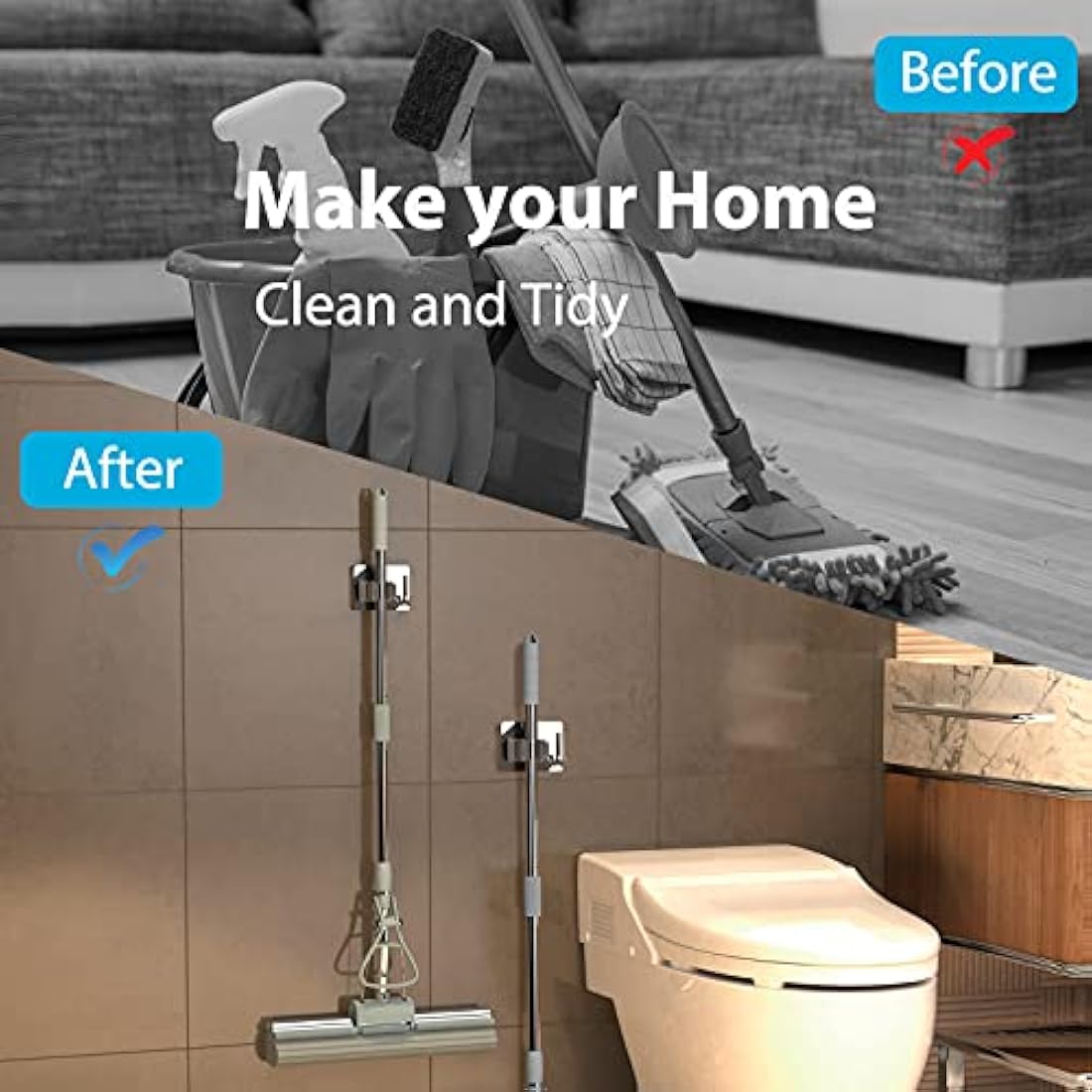 homeasy Mop Broom Holder, 4 Pcs Stainless Steel Self Adhesive Mop Holder Wall Mounted with Hooks Hanger Self-Adhesive Broom Holder for Bathroom, Kitchen, Office, Closet, Garden Garage(Silver)