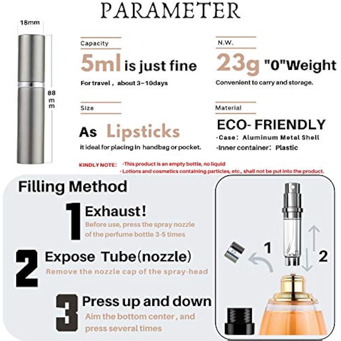 AsaNana Perfume Atomiser, Refillable & Travel Size Perfume Bottle, Leaking Proof,Bottom Pump without Funnel, Luxurious Small women and men, 5ml (Cla.-Space Gray)