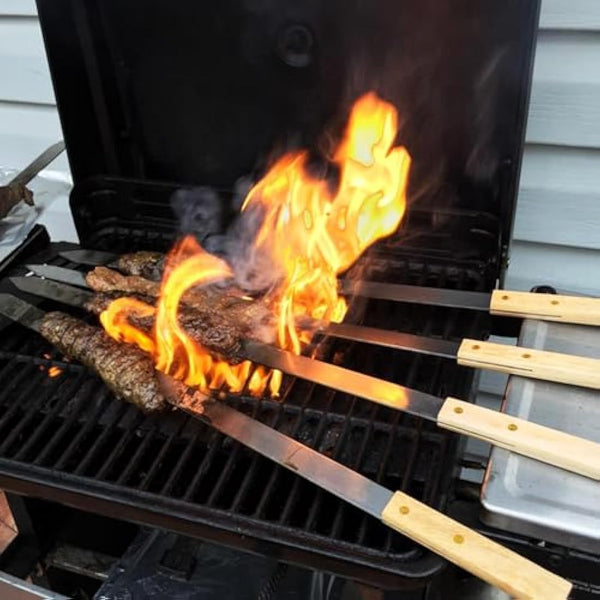 Goutime 23-Inch Long,1 inch Wide BBQ Skewers Large Stainless Steel Kebab Skewers,skewers Stainless Steel,Metal Skewers for Koobideh/Persian/Armenian Style BBQ,Turkish Kebab skewersSet of 7