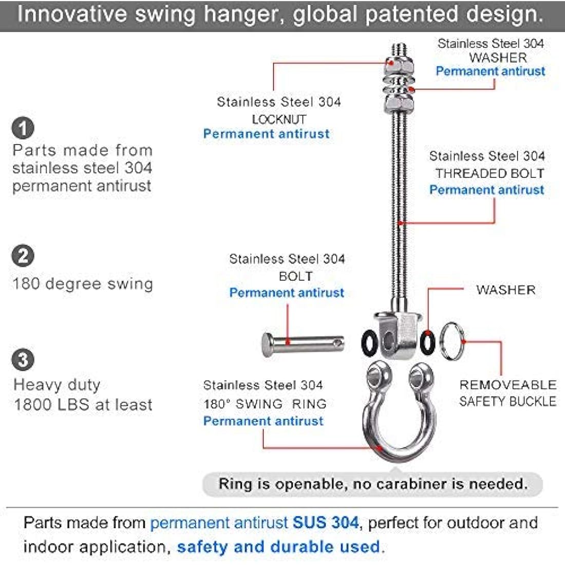 SELEWARE Antirust 304 Stainless Steel Swing Hammock Bolts, Swing Hangers Heavy Duty Hammock Hooks for Wood and Steel Beam Hammock, Porch Seat, Chair, Swing, Yoga (9.3"(235mm) Set of 6
