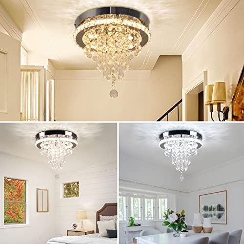 FRIXCHUR 11.8" Crystal Ceiling Light Modern Crystal Chandelier LED Flush Mount Ceiling Lighting 4 Tiers Crystal Raindrop Light Fixture for Bedroom Hallway (Dimmable)