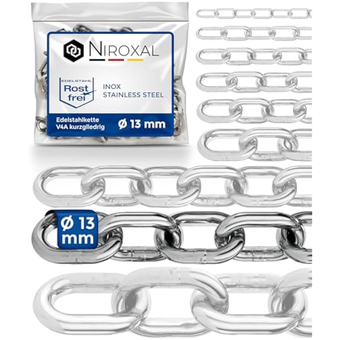 150-cm = 1,5-Meter 13-mm Thick Stainless Steel Chain V4A Short-Linked from NietFullThings on Piece Anchor Chain DIN 5685 DIN 766 1,5-m