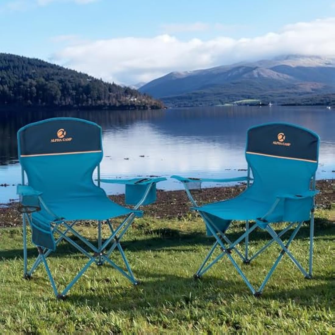 ALPHA CAMP Set of 2 Folding Camping Chairs with Cooler Bag & Cup Holder & Side Pocket Up to 120kg, Lightweight and Portable Camping Chair for Adults, Blue