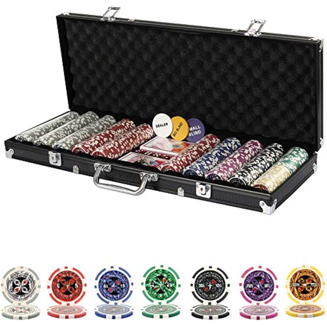 display4top Texas Holdem Poker Chips Set with Aluminum Case,2 Decks of Cards, Dealer, Small Blind, Big Blind Buttons and 5 Dice (500 Piece Chips)