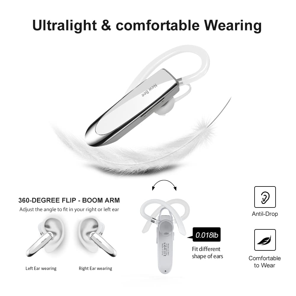 New bee Handsfree Bluetooth Earpiece, Wireless Bluetooth Headset with Microphone 60 Days Standby Headphones with Microphone for iPhone, Samsung, HTC, LG, Sony, PC (Black)