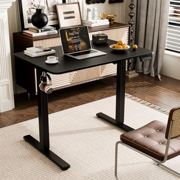 ERGOMAKER Electric Standing Desk 90x60cm, Height Adjustable Sit Stand Desk with Memory Handset Hooks for Home Office(Black)