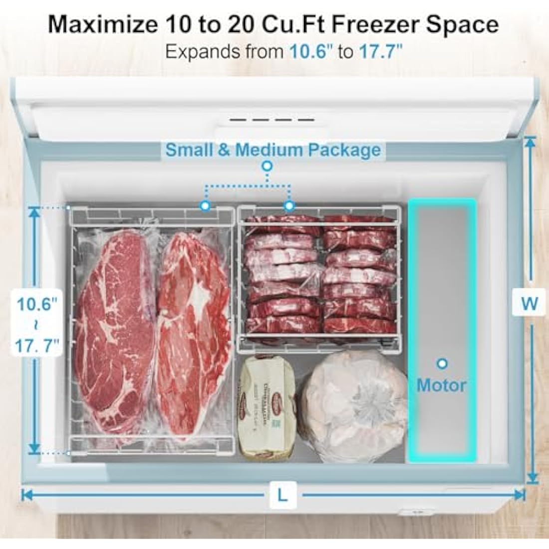 iSPECLE Chest Freezer Baskets - Expandable Fit 283 to 566L Deep Freezer, 4 Pack Large Stackable Wire Basket Add Space Easily Get Frozen Foods with Handles, Allow Air Circulation, White