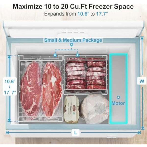 iSPECLE Chest Freezer Baskets - Expandable Fit 283 to 566L Deep Freezer, 4 Pack Large Stackable Wire Basket Add Space Easily Get Frozen Foods with Handles, Allow Air Circulation, White