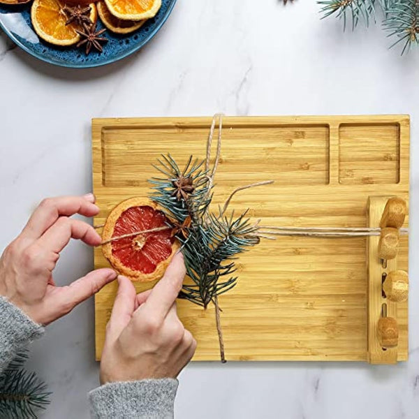 joeji's Kitchen Cheese Board Platter Set - Natural Wood Bamboo - Gift Set with Knives & Holder - Charcuterie Platter