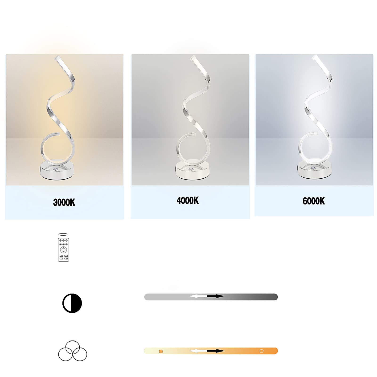 EIDISUNY LED Touch Control Table Light USB Charge Bedside Lamp Spiral Silver 3 Colors Dimmable Lamp for Bedroom Nightstand Lamps Bookshelf Office Desk