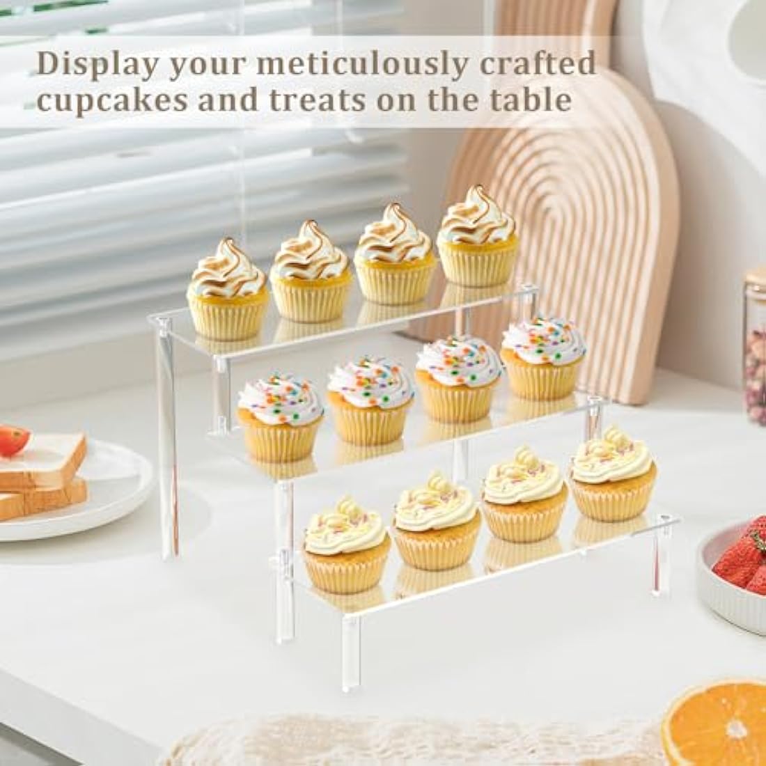 Acrylic Riser Clear Display Stand Cologne Organizer Acrylic Shelves 3 Tier Shelf for Amiibo Funko Figures Toys Cupcake Food Desserts Perfume Collection (3 PACKS)