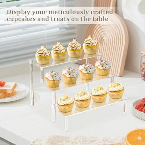Acrylic Riser Clear Display Stand Cologne Organizer Acrylic Shelves 3 Tier Shelf for Amiibo Funko Figures Toys Cupcake Food Desserts Perfume Collection (3 PACKS)