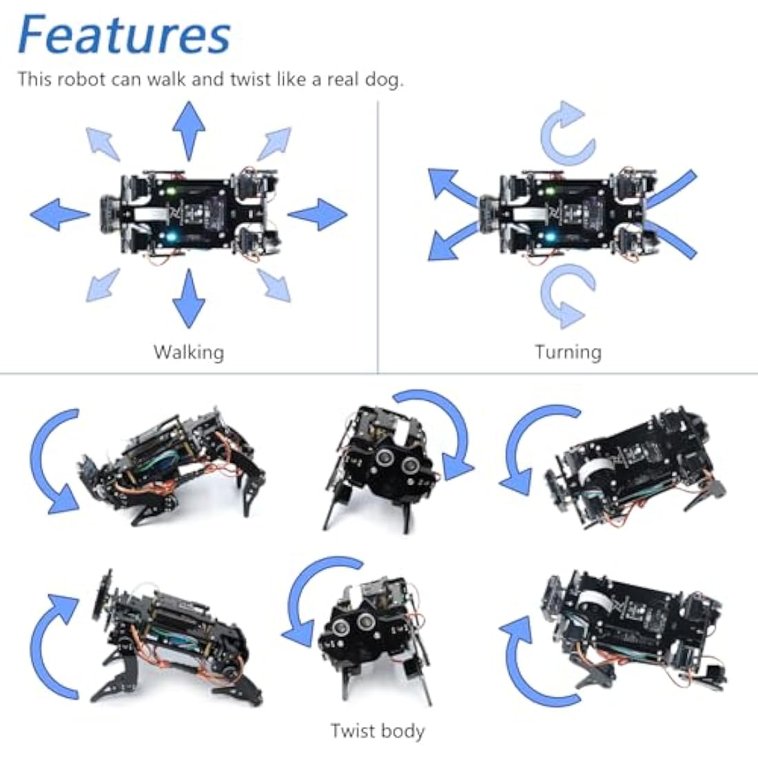 Freenove Robot Dog Kit for ESP32-WROVER CAM (Included), Dual-core 32-bit 240 MHz Microcontroller, Walking, Camera, Touch Sensor, Ultrasonic Ranging, Buzzer, RGB LED, Servo, App