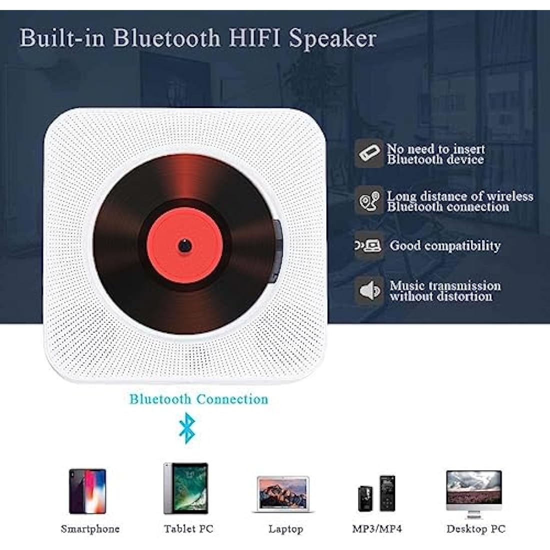 Adirigo Desktop Portable CD Player with Bluetooth - Multifuctional Wall Mounted Music CD Player Built in HiFi Speakers Home Audio Boombox with Remote Control Input Output with Pulling Switch（White）