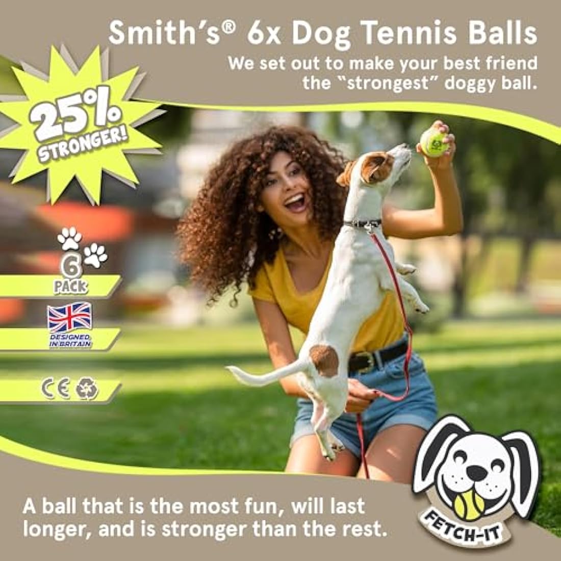 Dog Tennis Balls By Smith’s | 6 Pack | 6.35CM / 2.5” Diameter | 25% Stronger | High Visibility Colours | Tested And Certified | Best For Medium (11KG) to Giant Dogs (45KG)